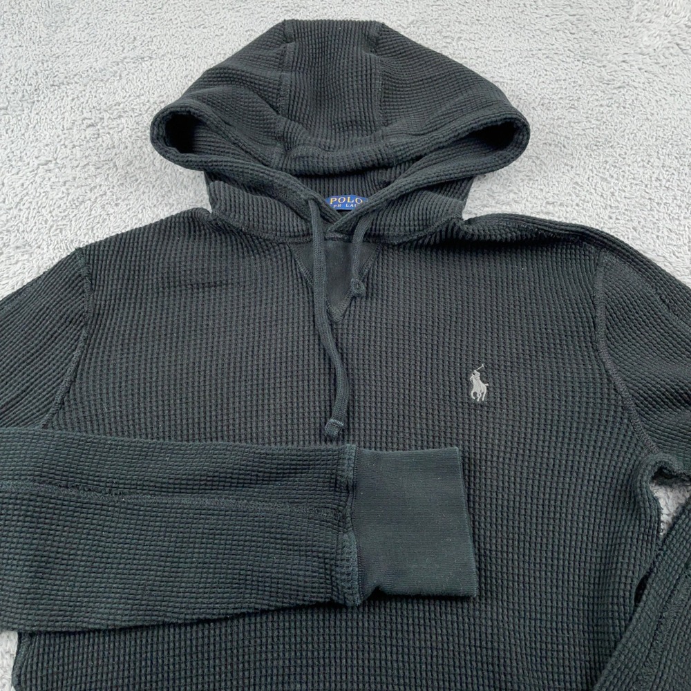Polo Ralph Lauren Sweater Womens Medium Black Waffle Knit Thermal Hoodie